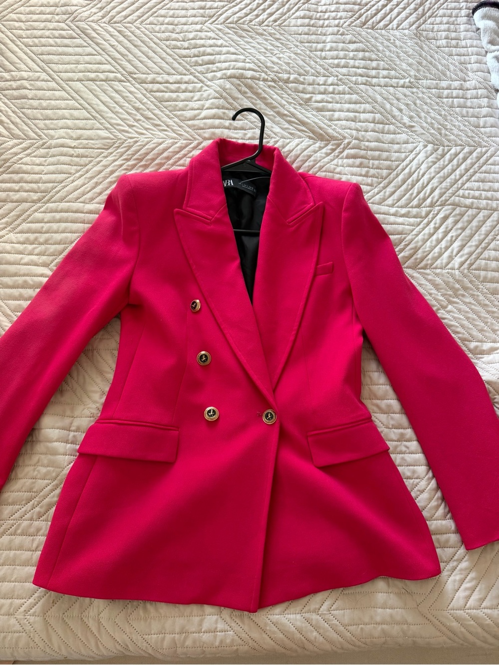 Zara Double-Breasted Blazer in Bright Pink with Gold Buttons